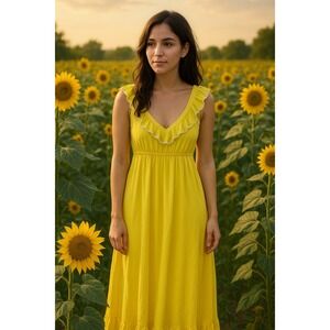 Yellow Ruffle Maxi Sundress XS Cottagecore Romantic Summer‎ Prairie Boho Flowy